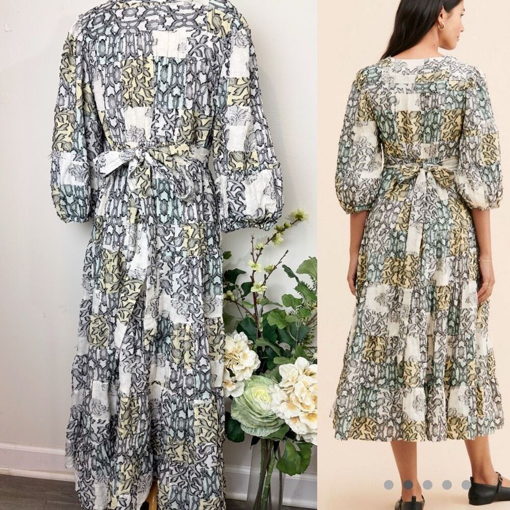 ANTHROPOLOGIE * V-Neck Textured Midi Dress medium patchwork - Picture 6 of 13